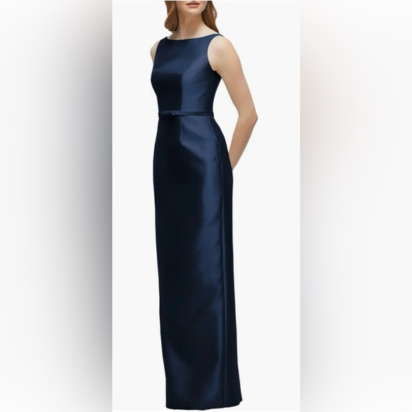 NEW Alfred Sung Strapless Bow Belt Satin Twill Column midnight blue Gown Sz 10 - Picture 2 of 8